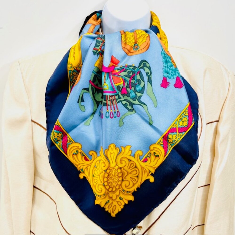 Salvatore Ferragamo Silk Scarf Satin blue gold green pink Carousel hourse (42) - Picture 3 of 9